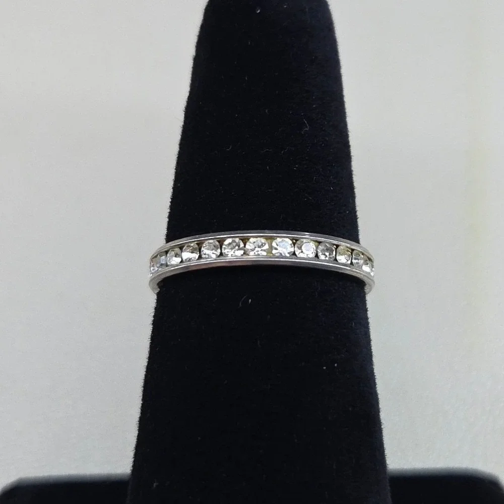 Silver Tone Crystal Eternity Band Ring Size 7.25 Channel Set Stacking Ring
